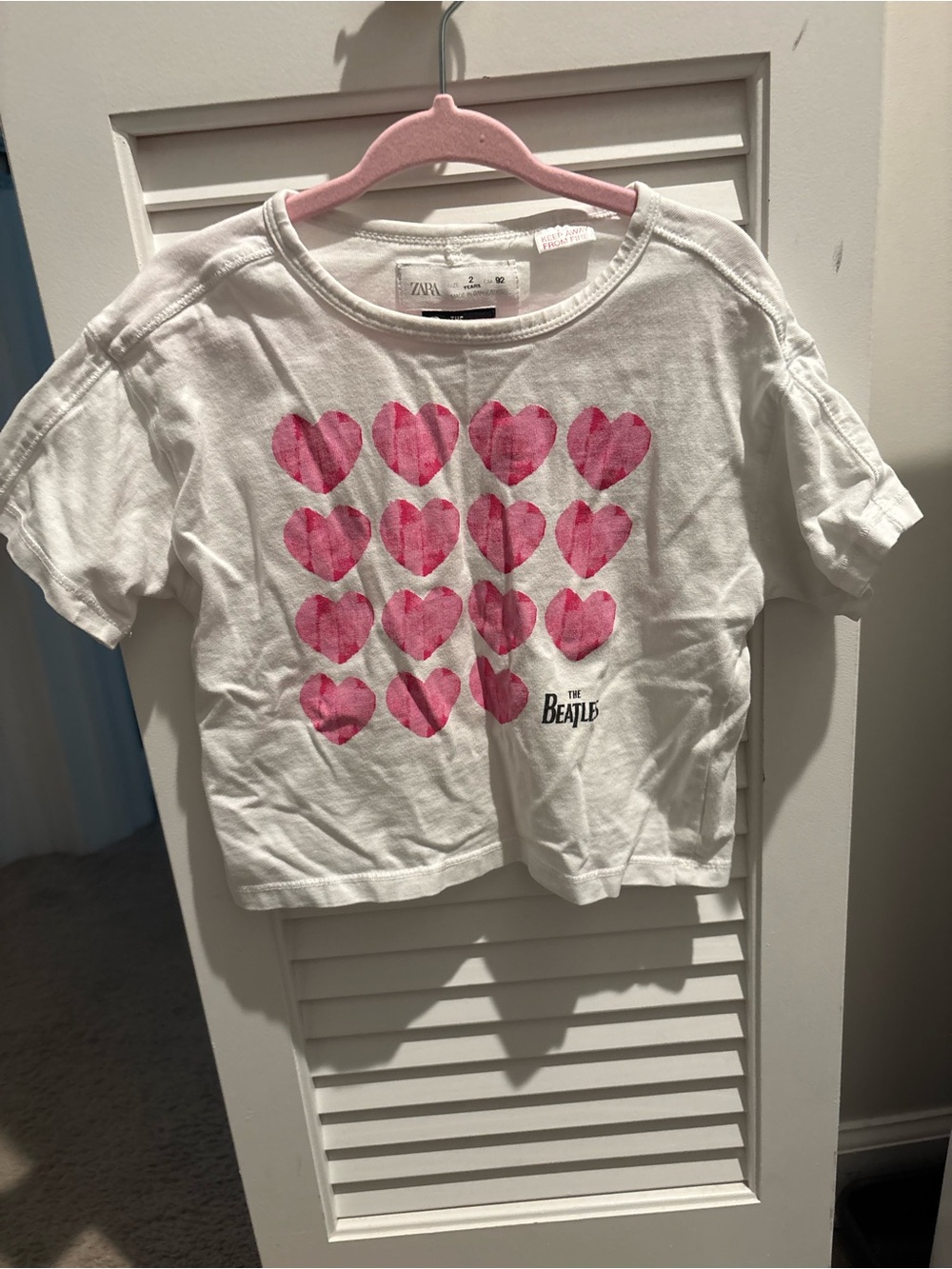 Zara Kids White Tee with Pink Heart Grid and The Beatles Logo